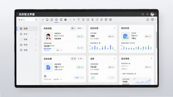 优你客主界面截图,展示清晰的模块化布局与整洁的工具栏设计,整体风格简洁明亮,背景以浅灰色渐变为主