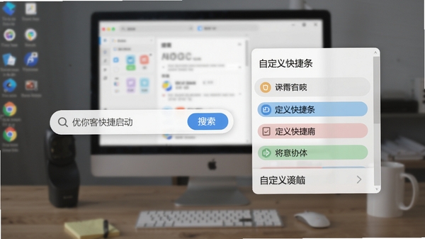 优你客快捷启动面板使用场景图,展示悬浮搜索框与自定义快捷条目列表,背景为模糊化的电脑桌面