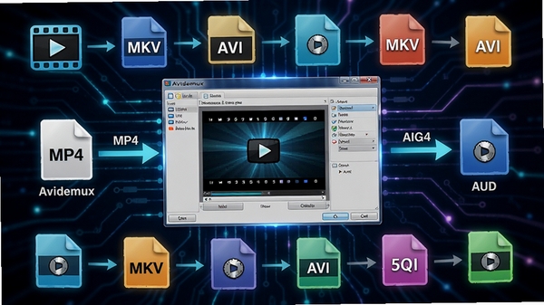Avidemux 视频格式转换过程示意图,展示视频文件从输入到输出的编码转换流程,背景有各种视频格式图标,画面中央是主程序窗口,周围环绕着MP4、MKV、AVI等格式图标,色彩鲜明,科技感十足
