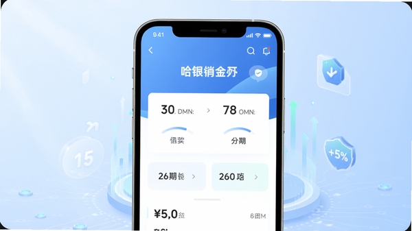 哈银消金APP主界面展示,手机屏幕内显示清晰的借款额度与分期选项,背景为现代简约的浅蓝色渐变,搭配柔和光线与金融科技元素,整体风格专业、干净、明亮,突出移动金融服务的便捷性与安全性