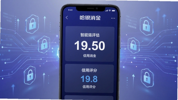 哈银消金智能额度评估界面,手机展示额度数字与信用评分,背景为科技感的数据流动线条与加密图标,色彩以蓝紫色为主,突出智能化与数据安全