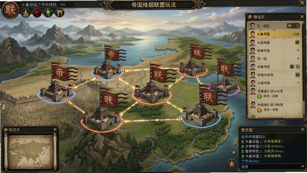 大秦帝国之帝国烽烟联盟玩法界面,多个玩家城池在地图上相连,联盟旗帜飘扬,成员列表和聊天框显示合作交流,背景是壮丽的战国山河,体现团队协作与外交策略的重要性。