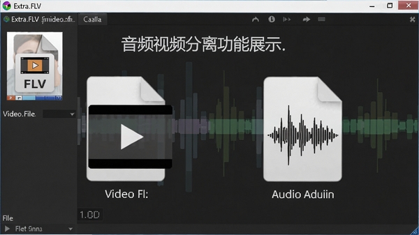 Extra.FLV 音频视频分离功能展示图,画面显示软件界面中一个FLV文件被拆分为独立的视频文件图标和音频波形文件图标,背景有半透明的音轨线条装饰,整体风格简洁直观,突出软件功能精确性的特点