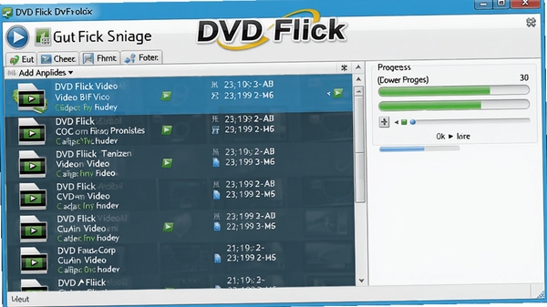 DVD Flick视频导入与转换过程示意图,显示软件界面中正在添加多个视频文件,列表显示文件名与格式信息,右侧有进度条表示转换进度,色彩明亮,突出软件名称DVD Flick