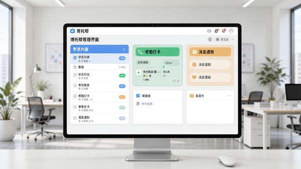 育托帮管理主界面示意图,展示学员列表、考勤打卡、消息通知等核心功能模块,背景为现代简约的办公环境,色调清新明亮,突出软件界面细节,适合博古模型生成