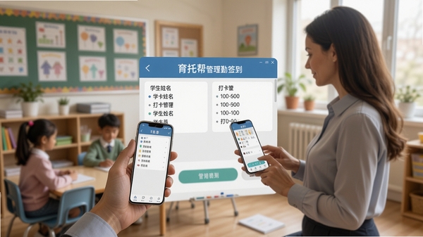 育托帮管理考勤签到界面,显示学生姓名与打卡时间,背景为托管教室场景,有老师拿着手机操作,画面写实,光线柔和,突出软件易用性