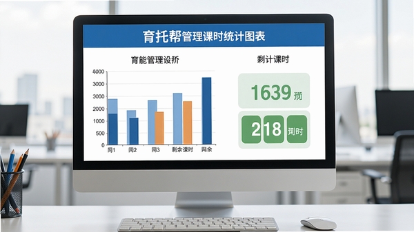 育托帮管理课时统计图表,显示柱状图与剩余课时数字,背景为办公室电脑屏幕,风格简洁商务,色彩对比清晰