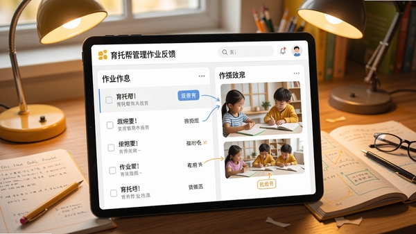 育托帮管理作业反馈界面,展示作业列表与批注图片,背景为书桌与作业本,色调暖黄,营造学习氛围,细节丰富