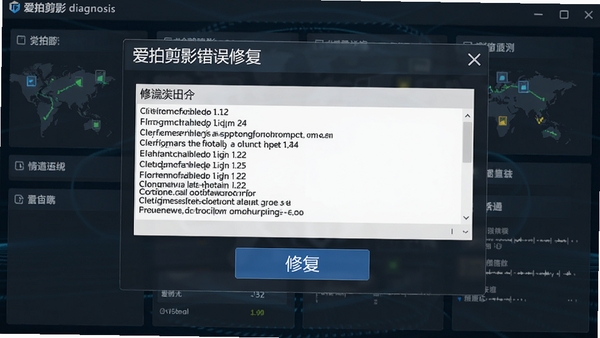 爱拍剪影错误修复界面,显示错误日志和修复按钮,背景为系统诊断风格