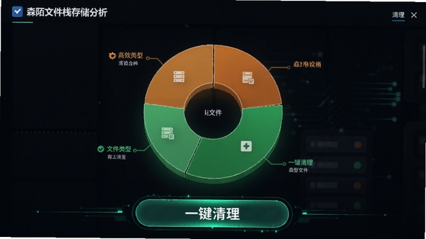 森陌文件栈存储分析饼状图与清理按钮界面截图,背景为深色系,橙色与绿色区块显示不同文件类型占比,底部有醒目的“一键清理”按钮,画面科技感十足,突出高效清理能力