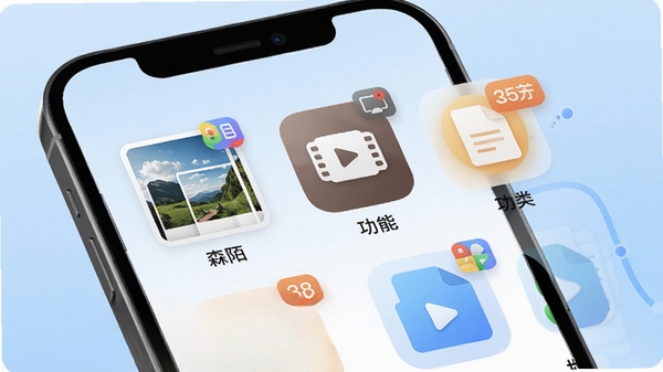 森陌文件栈智能分类功能演示图,手机屏幕展示图片、视频、文档等分类图标,每个分类下显示文件数量角标,背景为浅蓝色渐变,图标采用圆角矩形设计,画面简洁明快,突出智能化管理特性