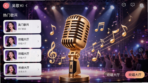 吴歌手机K歌软件主界面,展示热门歌曲列表与欢唱大厅,背景为舞台灯光效果,画面中央有一支金色麦克风,周围漂浮着音符,整体风格明亮活泼,充满音乐氛围