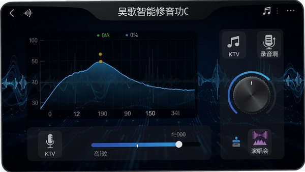 吴歌智能修音功能界面,显示音准曲线与音效调节旋钮,背景为蓝色科技感波形图,界面有多个音效图标如KTV、录音棚、演唱会,整体风格专业且现代