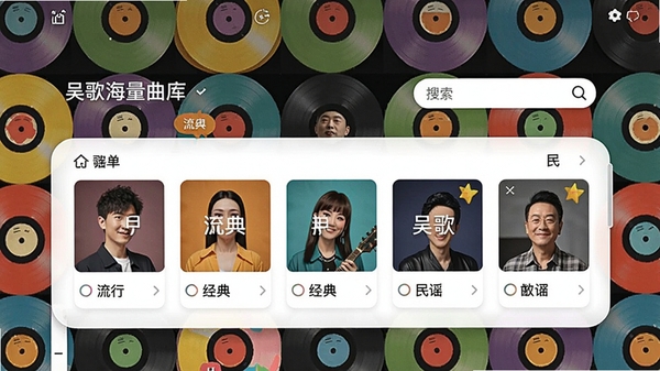 吴歌海量曲库界面,展示分类歌单与搜索框,背景为彩色唱片墙,画面中有流行、经典、民谣等标签,风格活泼色彩丰富