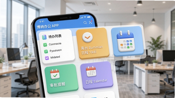 ���ɰ칫APP����̨����չʾͼ����ʾ�ֻ������м��ɵĴ����б����������ѡ��ճ������Ⱥ��Ĺ��ܿ�Ƭ��������ÿ�Ƭʽ���֣�ɫ�����£�ͼ�����壬����Ϊģ���İ칫���������ּ��й����͸�Ч�칫��������廭������������ͻ�������ľۺ���������