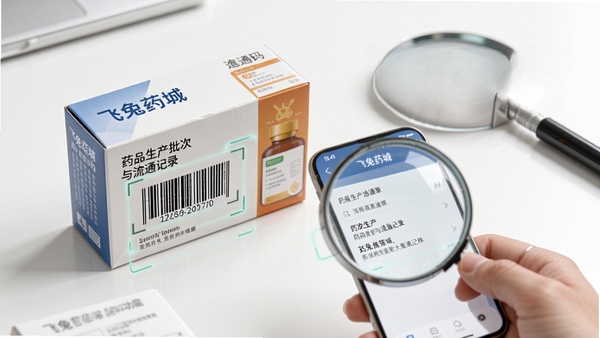飞兔药城药品追溯码查询功能演示,手机扫描药盒上的条形码,屏幕显示药品生产批次与流通记录,背景为简洁的白色桌面,搭配放大镜元素,突出安全验证主题