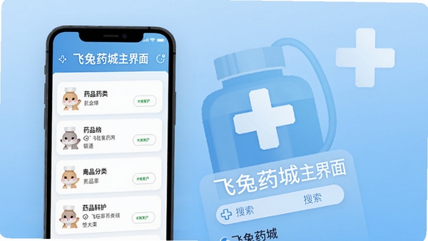 飞兔药城主界面展示,手机屏幕显示药品分类列表与搜索框,背景为柔和蓝色渐变,搭配白色医疗十字图标,整体风格清爽专业,突出医药电商平台属性