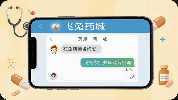 飞兔药城在线药师咨询界面,手机屏幕显示药师对话窗口,背景为温馨的浅黄色调,搭配听诊器和药丸图标,传递专业关怀氛围