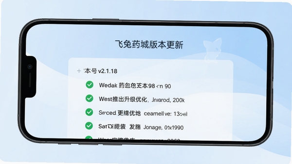 飞兔药城版本更新页面,手机屏幕显示版本号v2.1.18和更新内容列表,背景为简约的浅蓝色渐变,搭配绿色对勾图标,突出升级优化主题