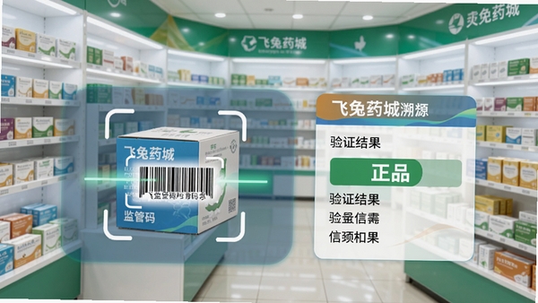 飞兔药城药品溯源界面,显示药品包装盒上的监管码扫描动画,旁边列出验证结果:正品,背景为明亮药店货架,色彩清晰,突出安全与信赖感