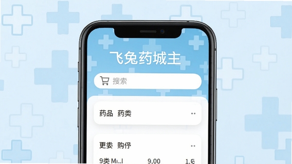 飞兔药城主界面展示,手机屏幕内呈现药品分类列表与搜索框,背景为浅蓝色医疗十字图案,整体风格简约现代,突出软件名称与购物场景