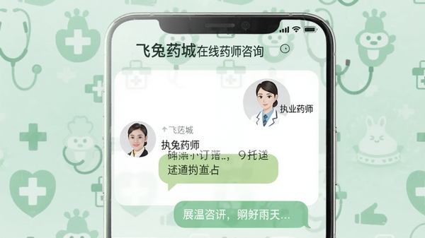 飞兔药城在线药师咨询页面,手机屏幕显示对话窗口,药师头像旁标注“执业药师”,背景为柔和绿色医疗图标,整体风格清爽亲切
