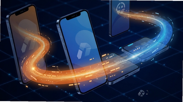 生成一幅体现福源惠软件流畅性能的抽象示意图,画面主体为一道流畅的光轨在多个手机屏幕间穿梭,背景为深蓝色科技感网格,光轨呈现明亮的橙色和蓝色渐变,象征数据传递与快速响应,整体视觉风格动感且充满现代科技感,可加入福源惠文字水印。