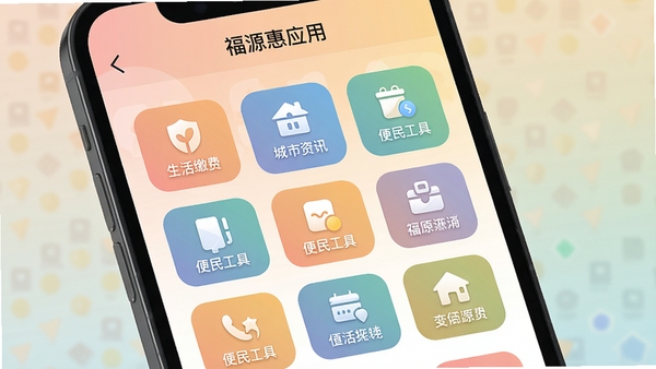 一张展示福源惠应用内功能聚合界面的截图风格图片,画面以手机UI界面为主体,展现多个圆角矩形的功能入口图标,如生活缴费、城市资讯、便民工具等,背景采用柔和的渐变色,突出应用的整洁与条理性,整体风格扁平化设计,色彩搭配舒适,福源惠应用名称位于界面顶部导航栏。