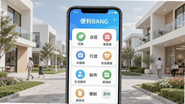 帮便利BANG 主界面预览图,手机屏幕显示生活服务功能列表,背景为简约现代社区环境,色彩明亮清新,突出软件名称与核心功能图标