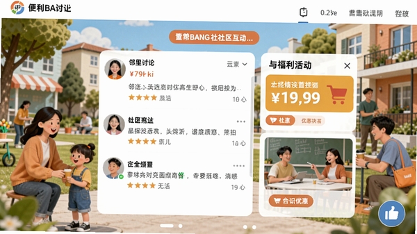 帮便利BANG 社区互动界面截图,展示邻里讨论与福利活动板块,背景为活力社区场景,色彩活泼,突出社交与优惠元素