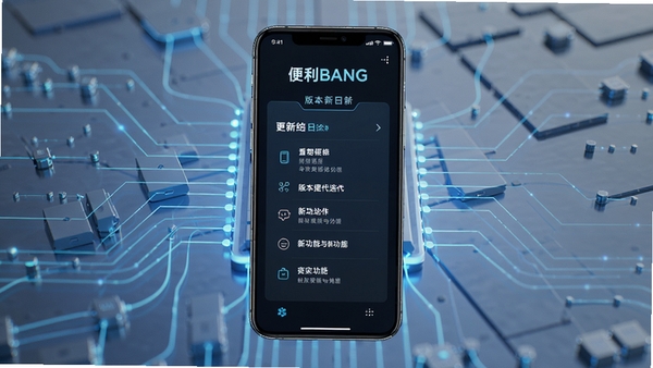 帮便利BANG 版本更新示意图,手机屏幕显示更新日志,背景为科技感线条,色彩现代,突出版本迭代与新功能