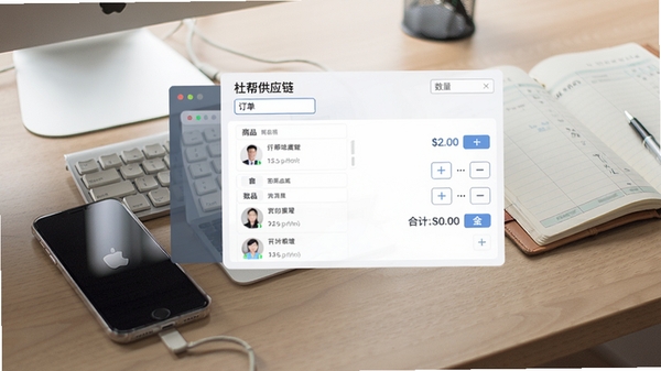 杜帮供应链订单创建页面,展示商品列表、数量加减按钮和合计金额,界面清爽,背景为办公桌上有手机和账本,暗示无纸化办公,图片风格写实,色彩自然