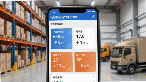 杜帮供应链软件主界面截图,展示首页数据看板,包含今日销售额、订单量、库存预警等核心指标,背景为简洁的蓝白商务风格,手机屏幕居中,周围有模糊的仓库货架和物流车辆场景,画面清晰明亮,突出软件的专业与便捷