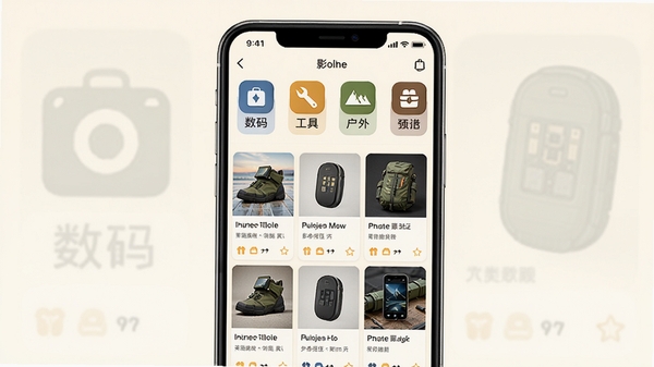 影光租赁商品分类展示图,画面中央为手机界面截图,顶部横向排列多个品类图标,包括数码、工具、户外等,下方为瀑布流商品卡片,背景为暖白色,整体布局直观清晰,体现全品类覆盖优势