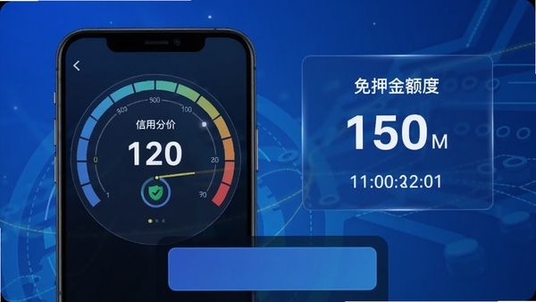 影光租赁信用免押功能展示图,画面左侧为信用分值仪表盘,右侧为免押金额度提示卡片,背景采用蓝色科技感渐变,底部模拟手机界面显示“免押租赁”按钮,整体风格专业且具有信任感