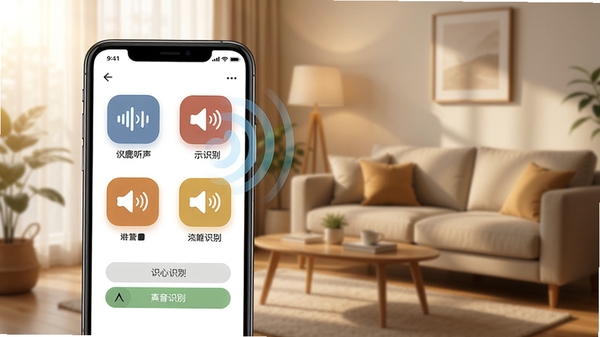 小鹿听声声音分类识别功能示意图,手机屏幕上显示不同声音类型的图标和识别状态,背景为客厅场景,光线柔和,突出智能识别效果