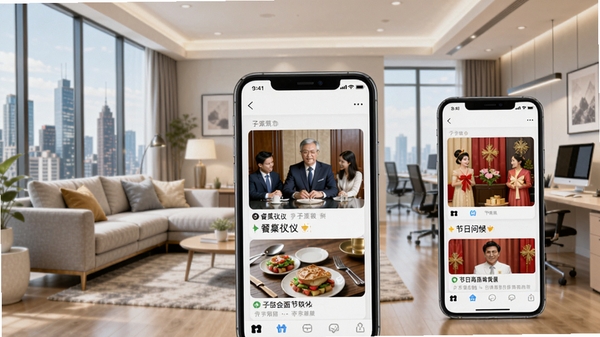 子明礼软件功能展示图,画面展示手机中不同社交场景的礼仪教学模块,包括餐桌礼仪、商务会面、节日问候等,背景为现代城市客厅与办公室的融合,色彩明亮清晰