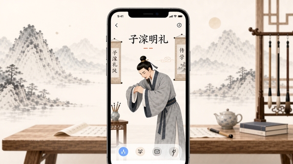 子明礼APP界面预览图,画面主体为手机屏幕展示着古风与现代结合的人物行礼插画,背景是淡雅的水墨山水与简洁的书桌,整体色调柔和,体现传统礼仪与现代科技的结合