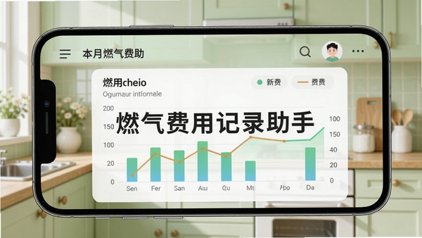 燃气费用记录助手主界面预览图,手机屏幕展示本月燃气费统计图表,包含柱状图与折线图,背景为淡绿色家居厨房场景,画面中心突出软件名称“燃气费用记录助手”,整体风格简洁明亮,UI设计现代,细节丰富,适配Boogu模型生成。