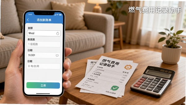 燃气费用记录助手智能录入功能演示图,画面展示手机端添加新账单的界面,包含金额、表底数、日期等输入框,背景为温馨的客厅环境,茶几上放着燃气账单和计算器,软件名称“燃气费用记录助手”以水印形式出现在右上角,画面清晰,光线柔和,适合Boogu模型生成。