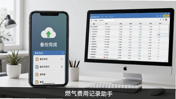 燃气费用记录助手数据备份功能界面,画面展示备份文件导出成功的提示,手机屏幕上有“备份完成”字样,旁边有云存储图标和文件列表,背景为简约办公桌,电脑屏幕显示数据表格,软件名称“燃气费用记录助手”出现在屏幕下方,整体风格专业、可信,适合Boogu模型生成。