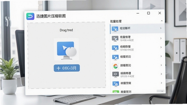 迅捷图片压缩软件主界面预览图,展示简洁的拖拽操作区域和批量处理列表,背景为现代办公桌面环境,整体色调清新明亮,软件图标位于界面左上角