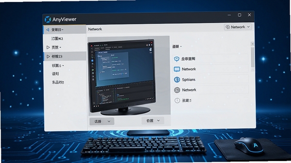 AnyViewer 远程控制软件运行设置界面,展示显示与网络配置选项,背景为蓝色科技感桌面,画面清晰展示设置菜单内容