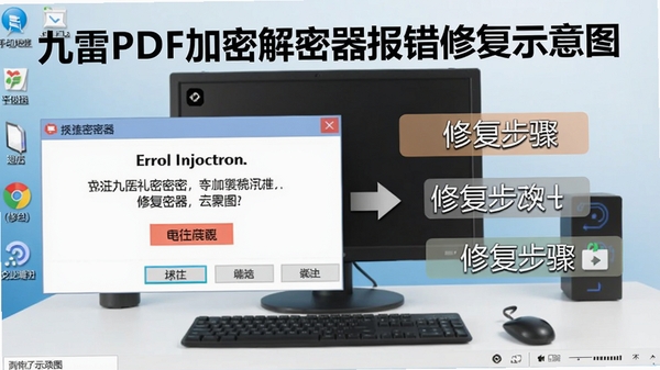九雷PDF加密解密器报错修复示意图,显示错误提示框和修复步骤文字,背景为电脑桌面,整体风格清晰易懂