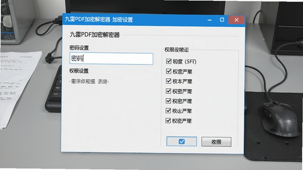 九雷PDF加密解密器加密设置界面,显示密码输入框和权限勾选列表,背景为浅灰色工作台,软件名称清晰可见