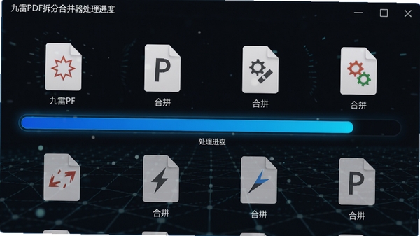 九雷PDF拆分合并器处理进度条画面,显示多个文件正在合并,进度条蓝色高亮,背景为科技感网格纹理,整体风格专业且富有动感