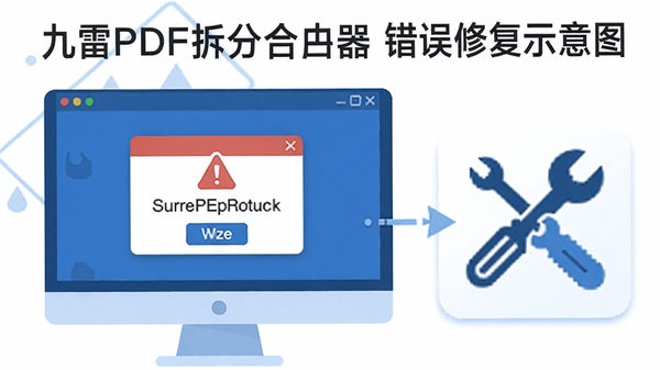 九雷PDF拆分合并器错误修复示意图,显示一个电脑屏幕上有警告弹窗,旁边有修复工具图标,整体风格为扁平化插画,色调以蓝白为主