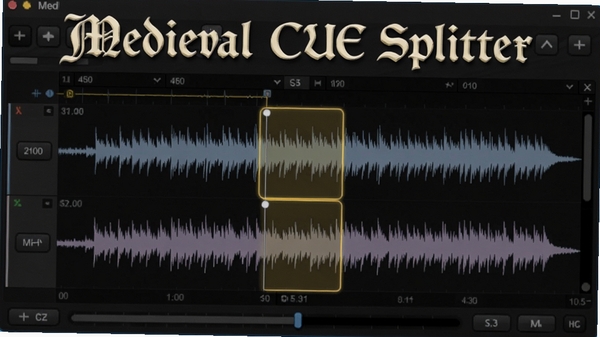 Medieval CUE Splitter正在处理音频轨道的界面特写,波形图清晰可见,高亮显示切割点,背景为深色调,突出软件名称字样