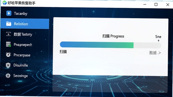 好哈苹果数据恢复助手主界面截图,左侧功能列表,右侧扫描进度条,背景为深蓝色科技感氛围,软件界面清晰可见