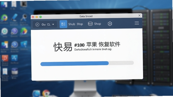 快易苹果恢复软件主界面预览图,展示简洁的深蓝色工具栏与扫描进度条,背景为模糊的电脑桌面与数据磁盘阵列,突出专业数据恢复氛围